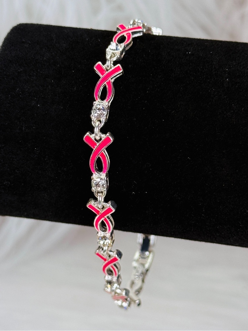 Breast cancer awareness, pink and Silvertone, bling accent, tennis bracelet